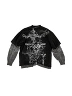 The Reliquary Cross Layered Graphic Tee in black on white background
