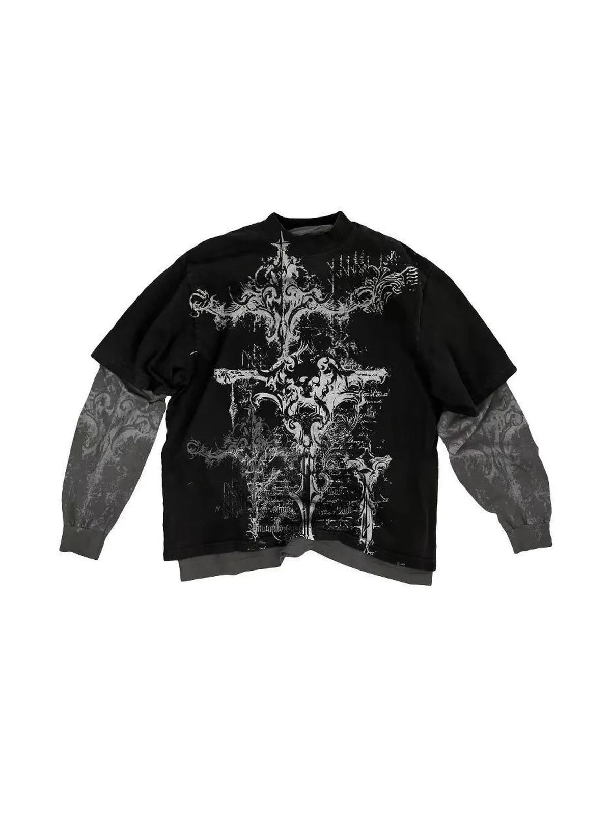 The Reliquary Cross Layered Graphic Tee in black on white background