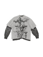The Reliquary Cross Layered Graphic Tee in gray on white background
