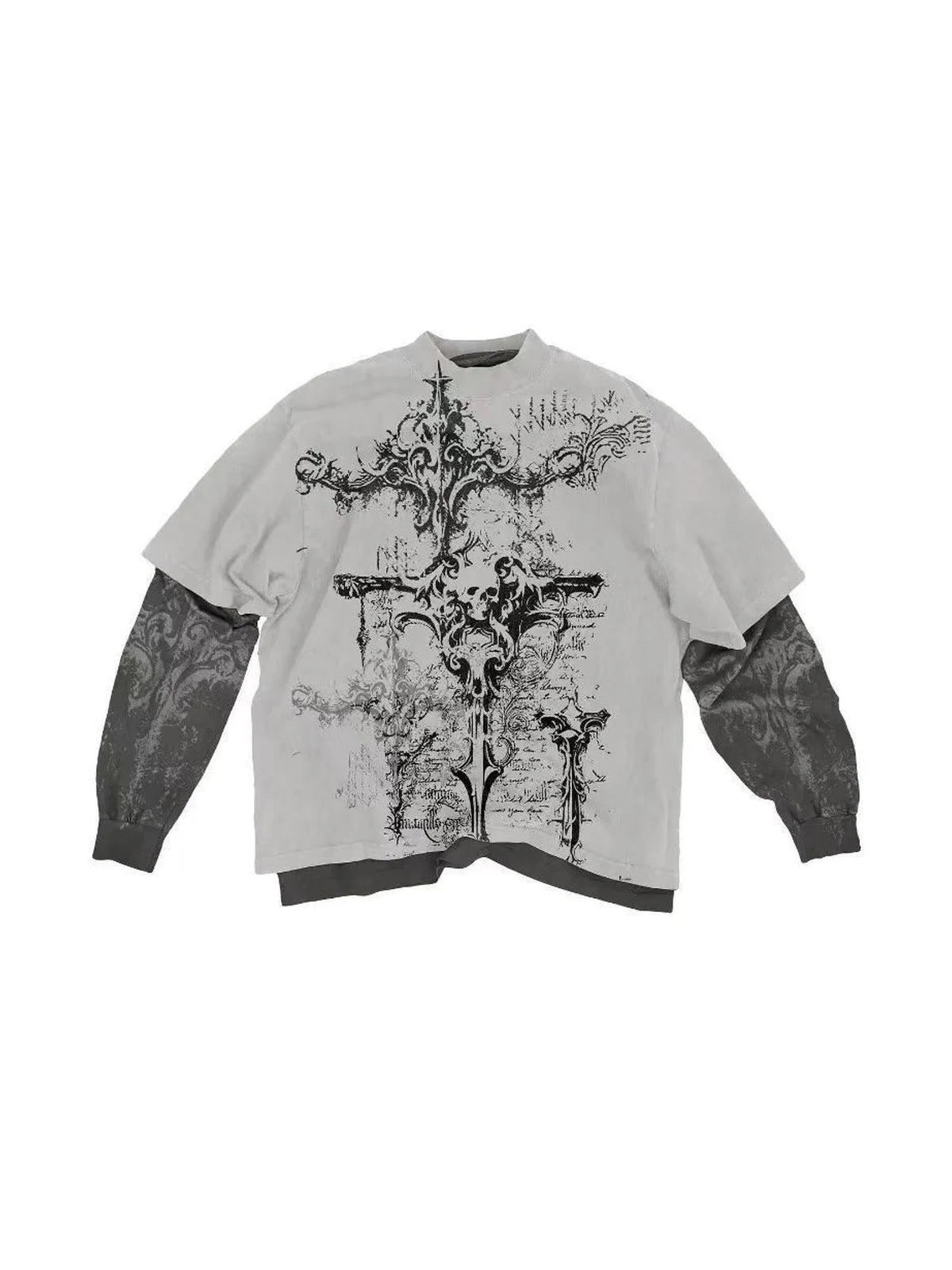 The Reliquary Cross Layered Graphic Tee in gray on white background