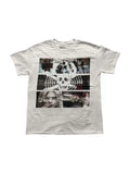 White oversized graphic tee with black and red skull collage print