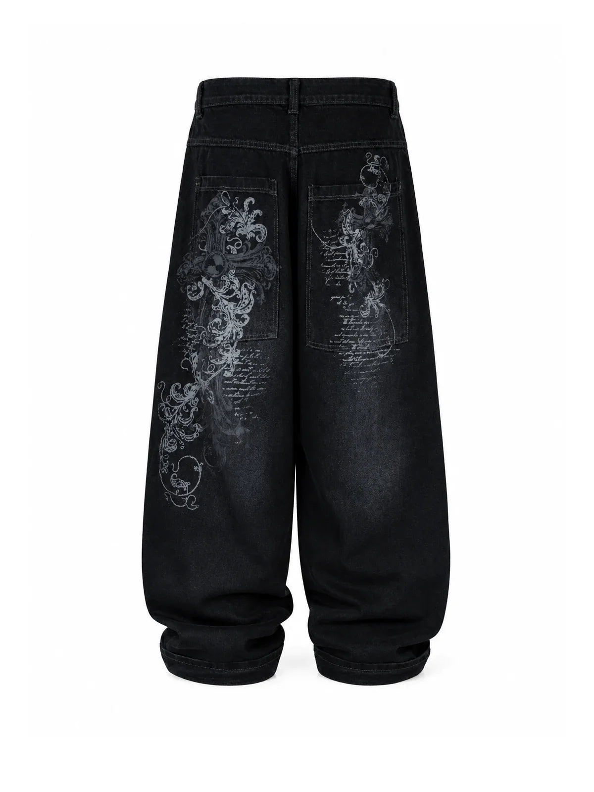 The Washed Script Wide-Leg Jeans black back white background