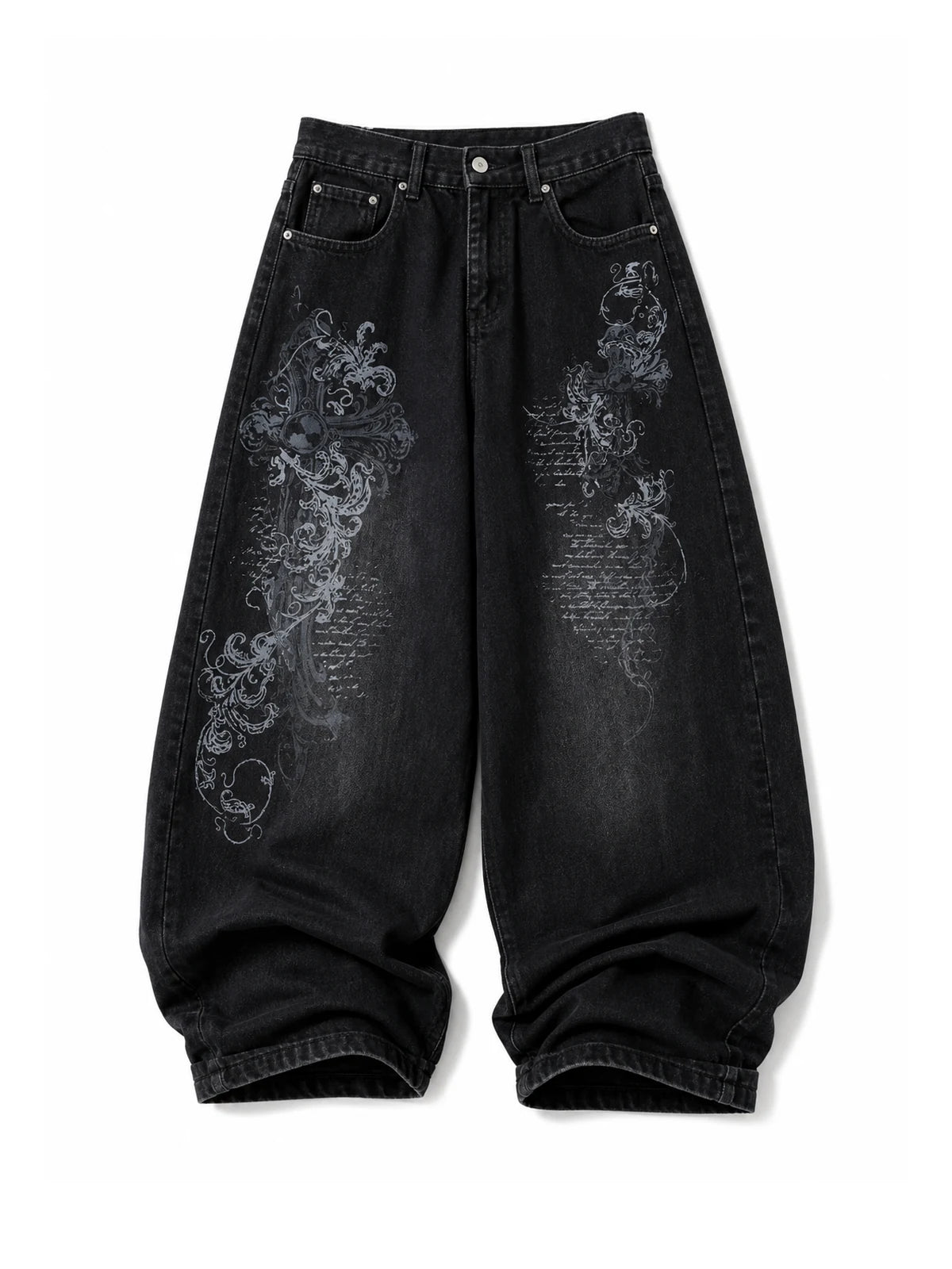 The Washed Script Wide-Leg Jeans black front white background