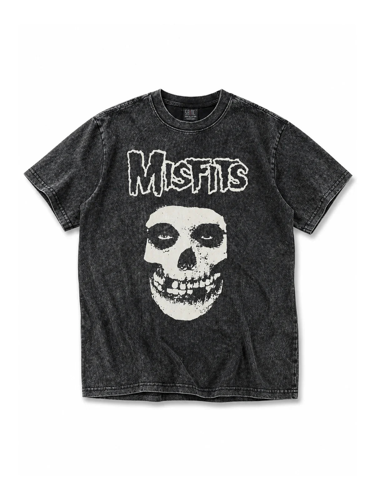 Natural flat-lay washed black skull graphic tee on white background