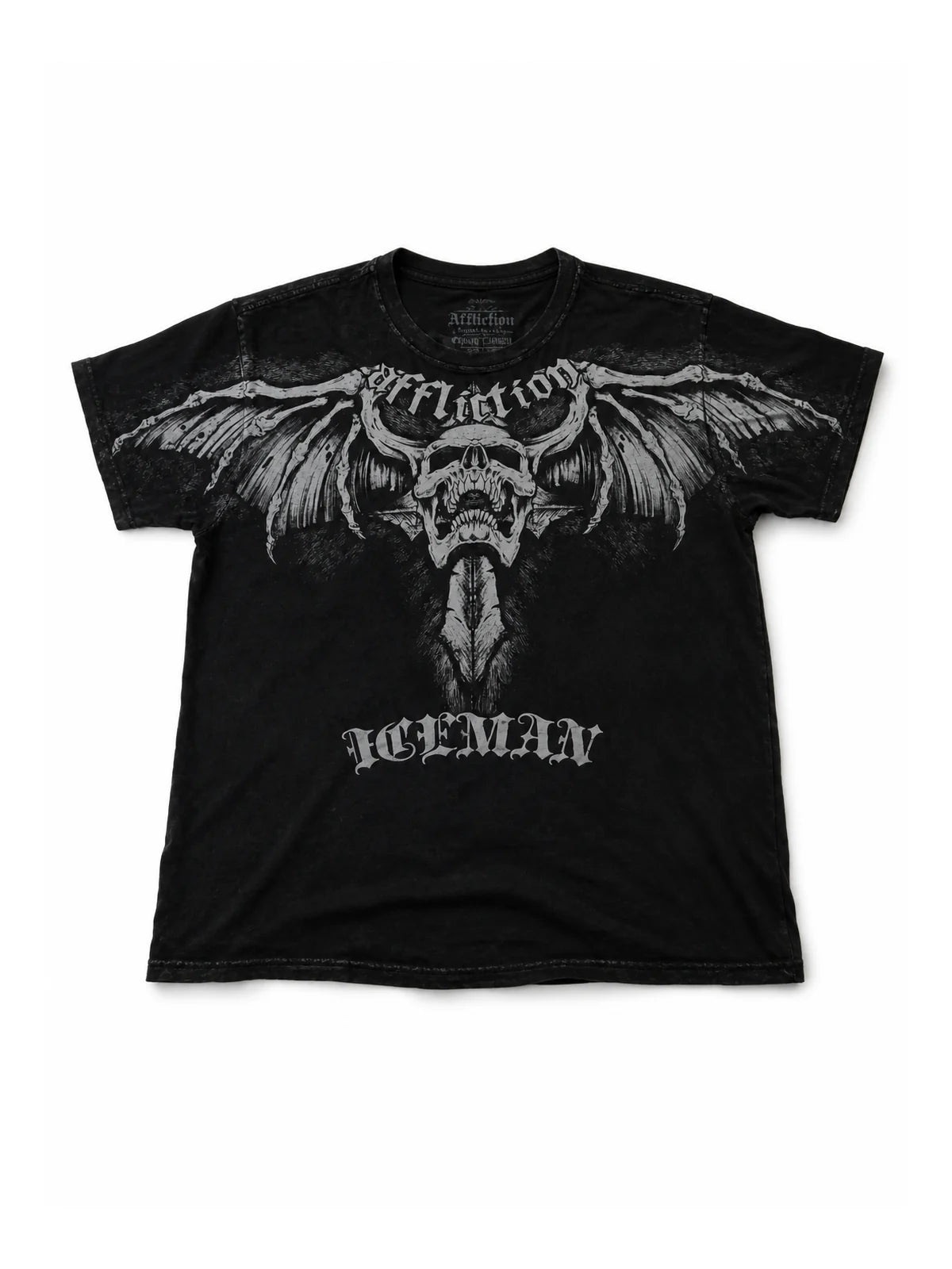 Black winged skull graphic short-sleeve T-shirt on white background
