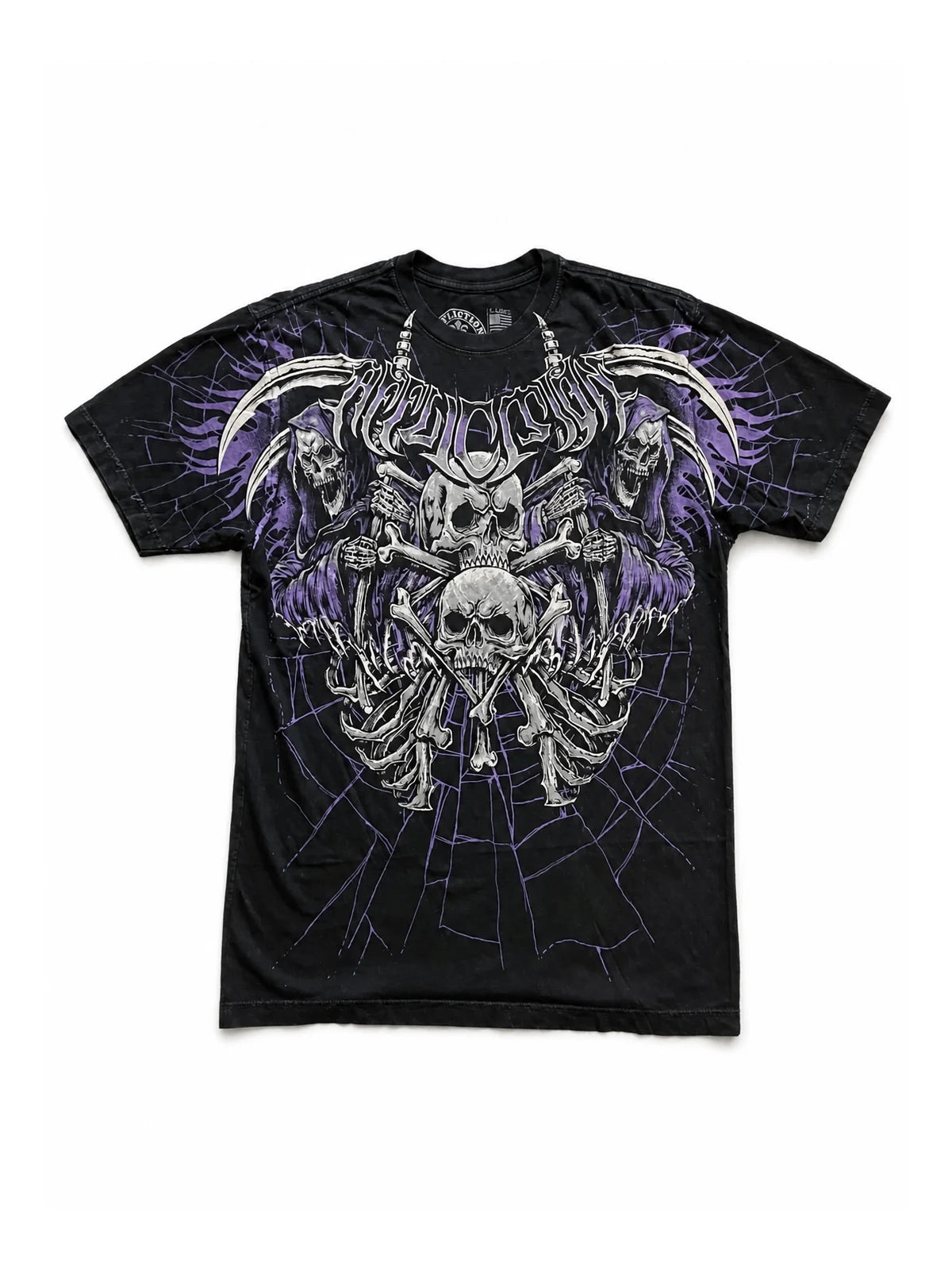 Black purple skull web graphic short-sleeve T-shirt on white background