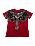 Red winged skull cross graphic short-sleeve T-shirt on white background