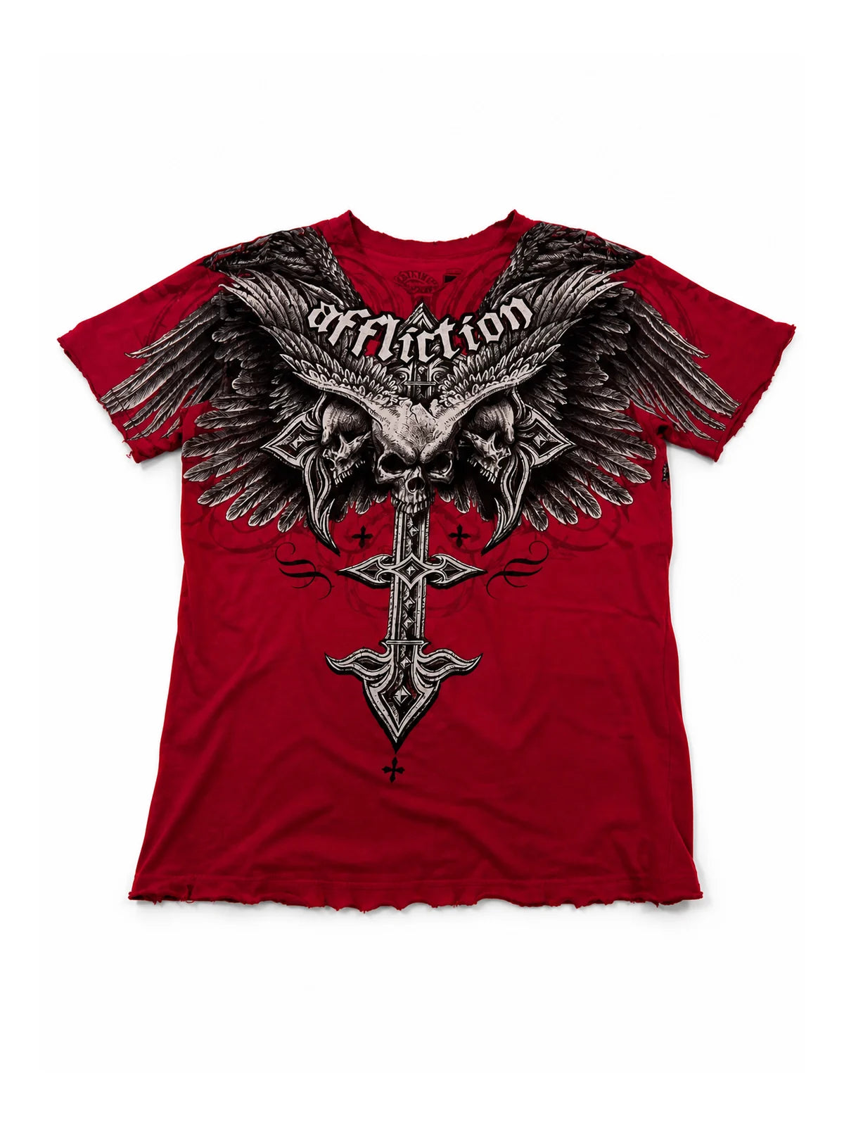 Red winged skull cross graphic short-sleeve T-shirt on white background