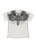 White winged cross lace-side graphic short-sleeve T-shirt on white background