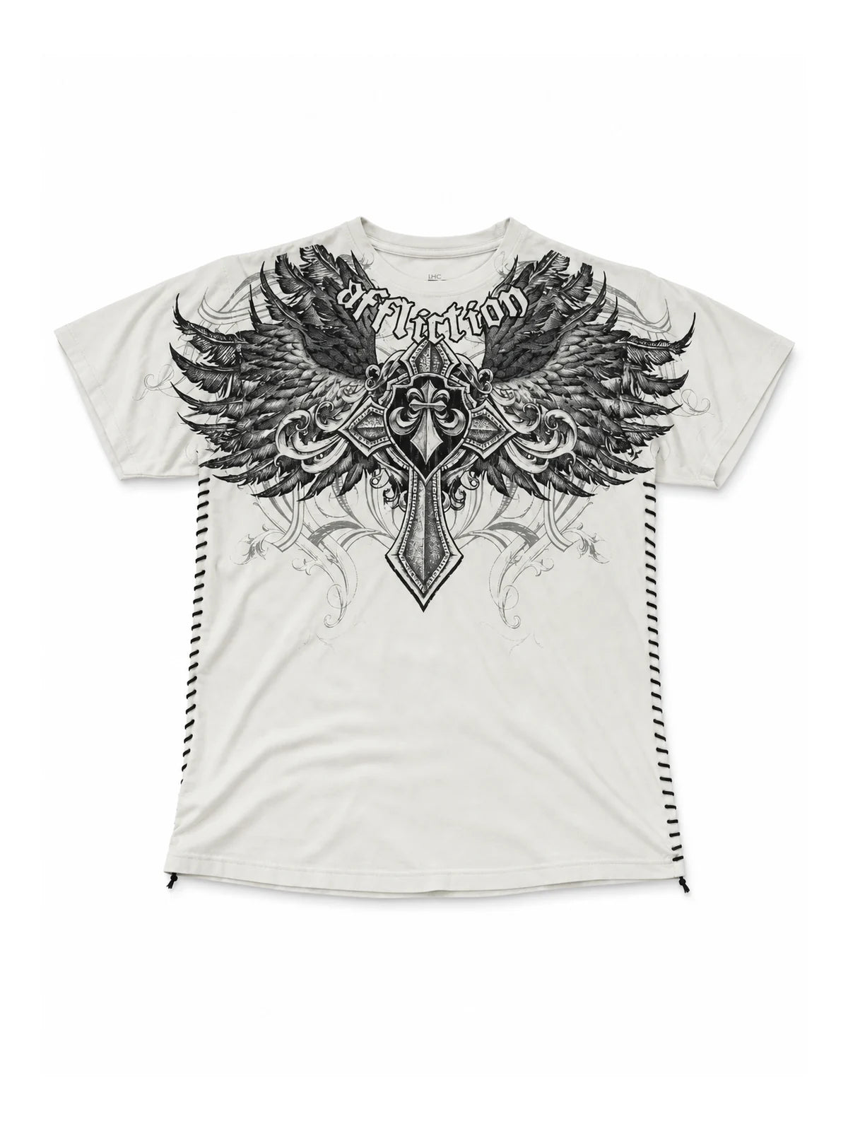 White winged cross lace-side graphic short-sleeve T-shirt on white background