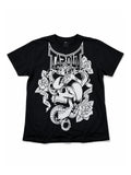 Black skull snake rose graphic short-sleeve T-shirt on white background