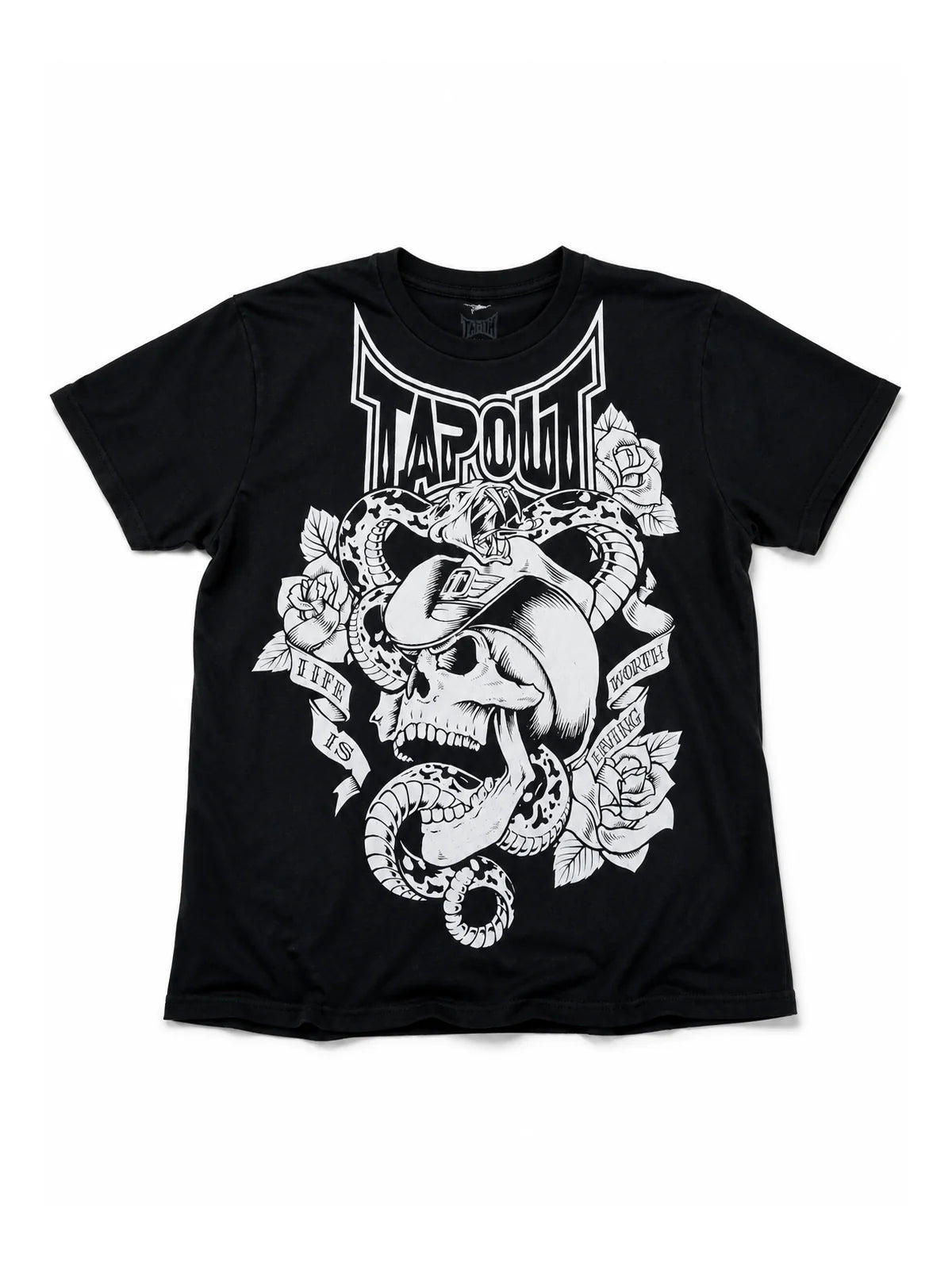 Black skull snake rose graphic short-sleeve T-shirt on white background