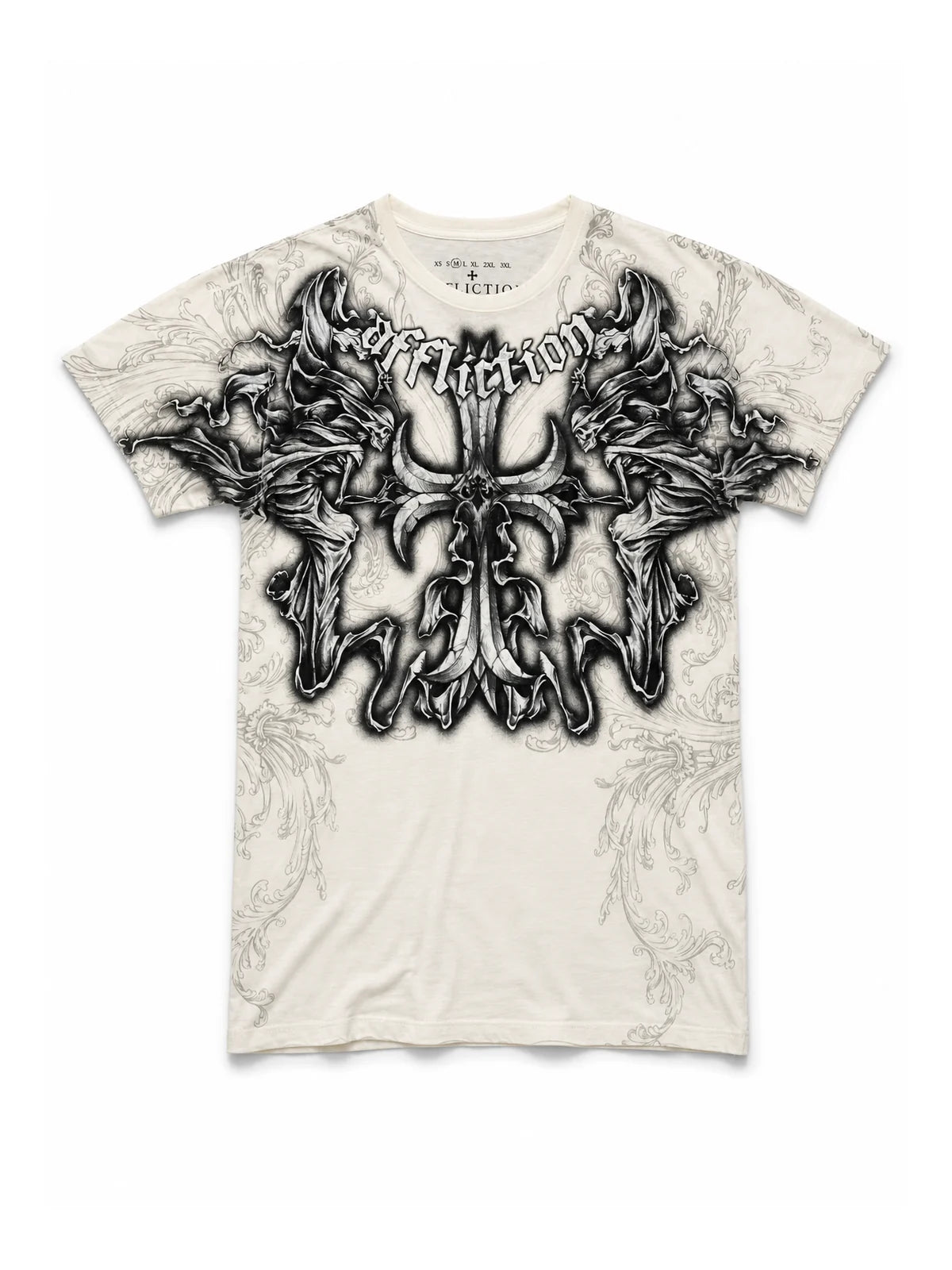 White gothic demon cross graphic short-sleeve T-shirt on white background