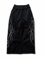 Black laced straight-leg drawstring pants on white background