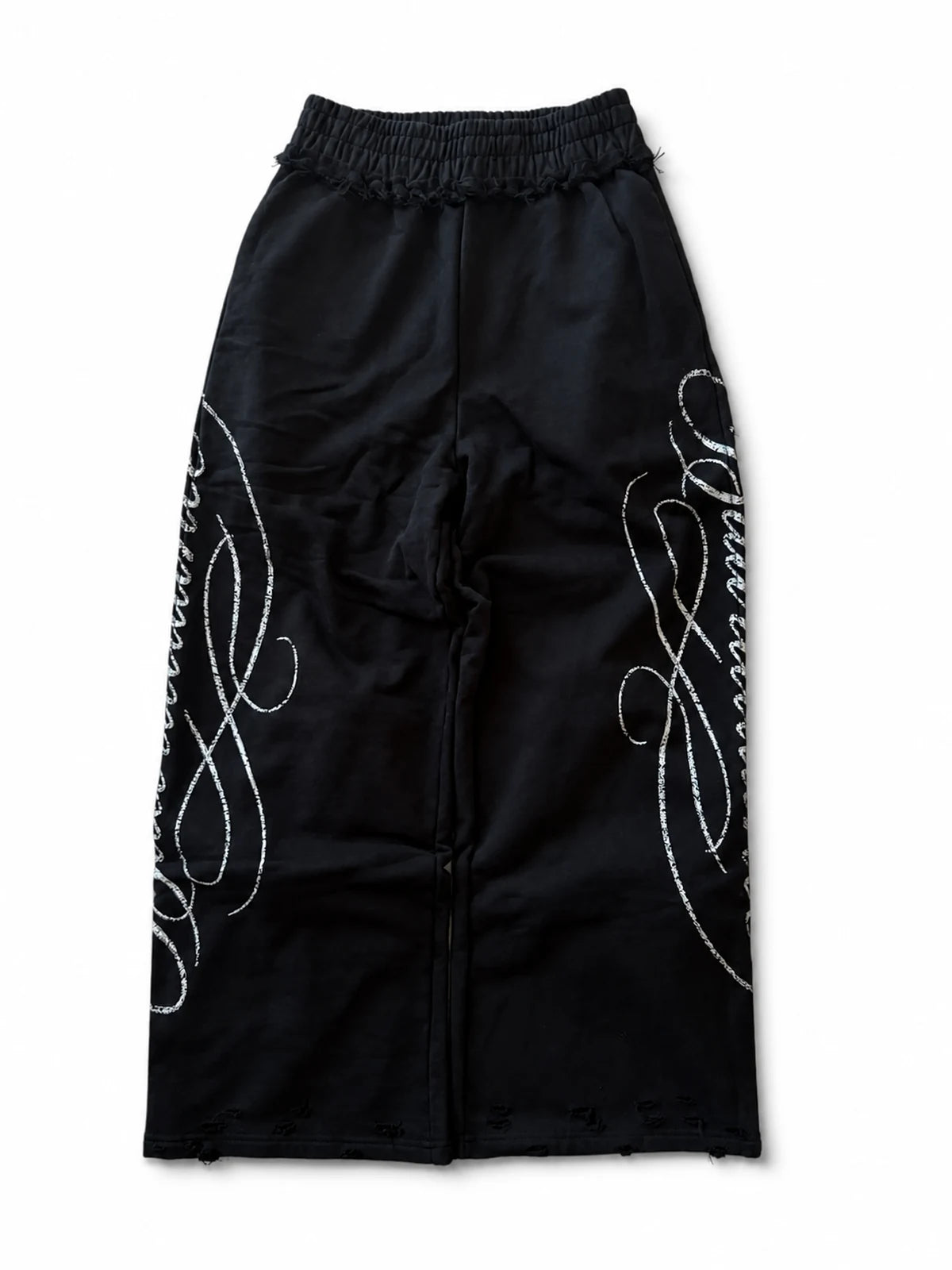 Black laced straight-leg drawstring pants on white background