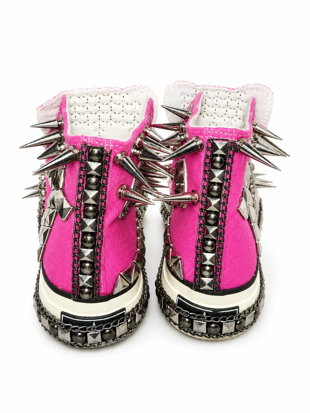 Pink studded high-top shoes flat sole back view