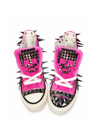 Pink studded high-top shoes flat sole front view