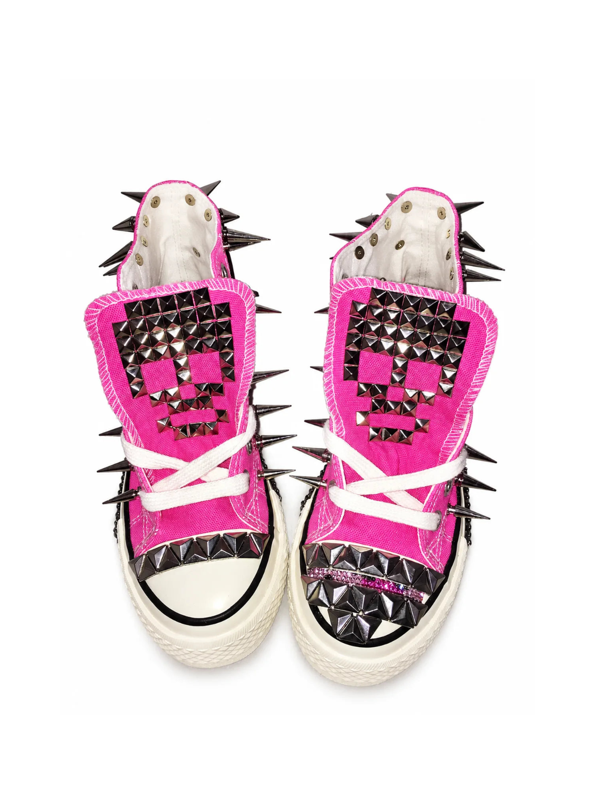 Pink studded high-top shoes flat sole front view