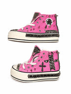 Pink studded high-top shoes flat and platform sole comparison