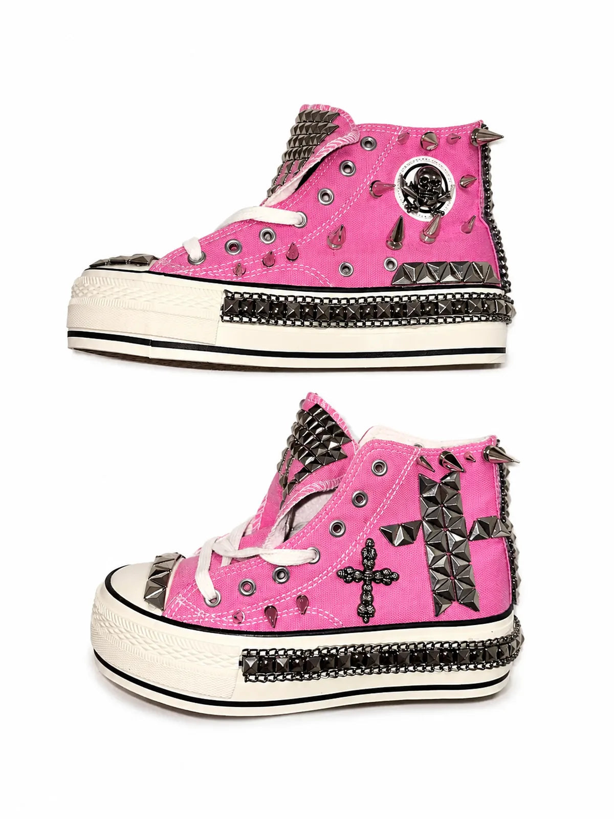Pink studded high-top shoes flat and platform sole comparison