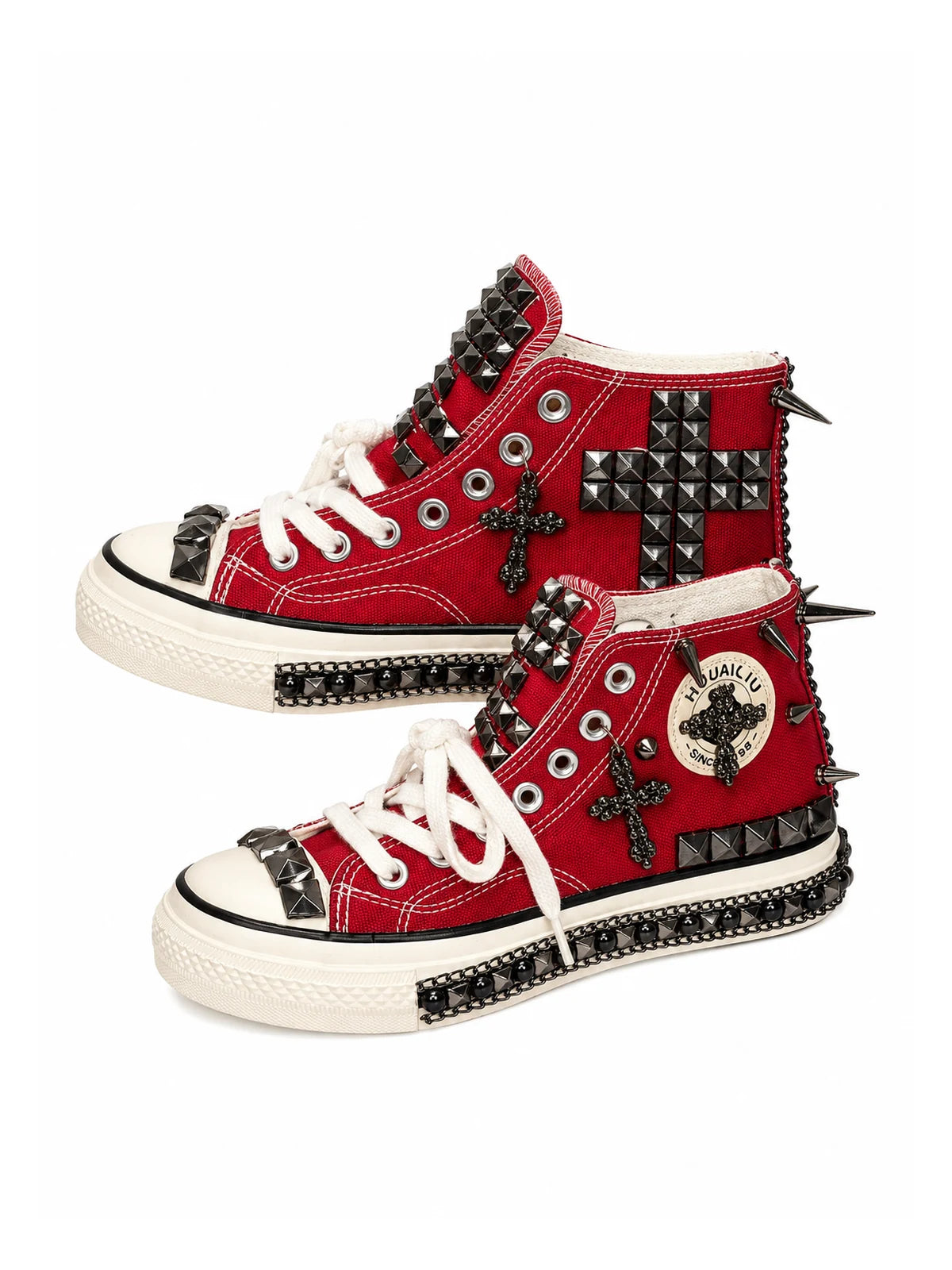 Crimson red studded high-top sneakers in standard and platform sole profiles