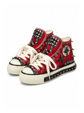Crimson red studded high-top sneakers with 5 cm platform sole