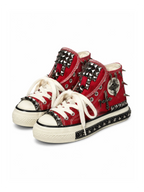 Crimson red studded high-top sneakers with 5 cm platform sole
