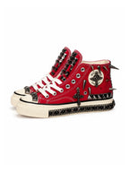 Crimson red studded high-top sneakers with standard sole
