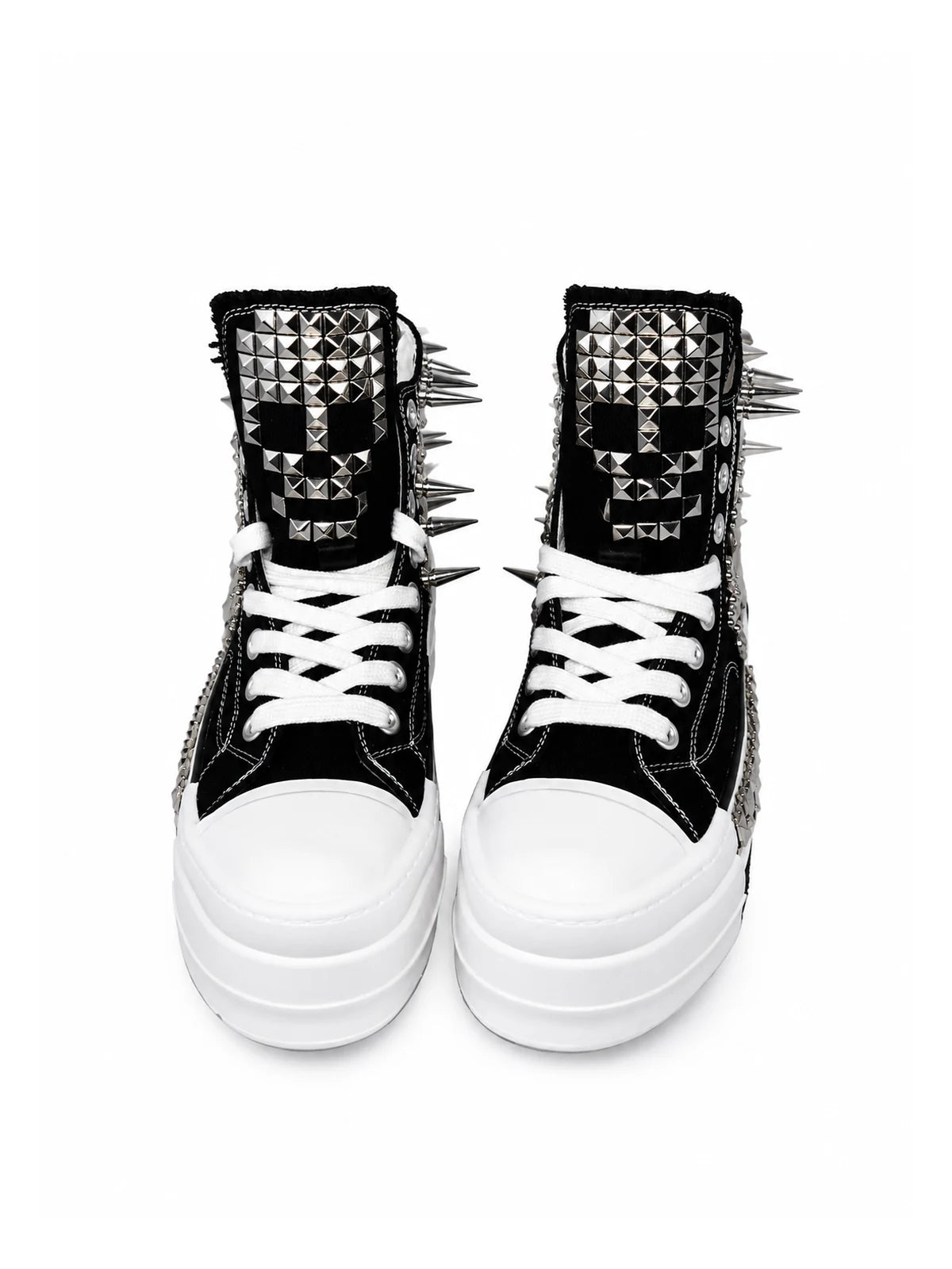 Black and white studded platform high-top sneakers, front view