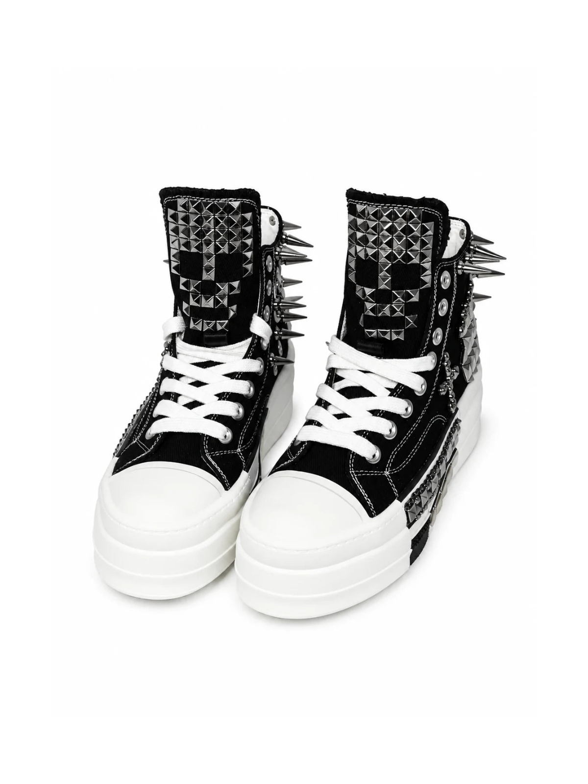 Black and white studded platform high-top sneakers, front angle
