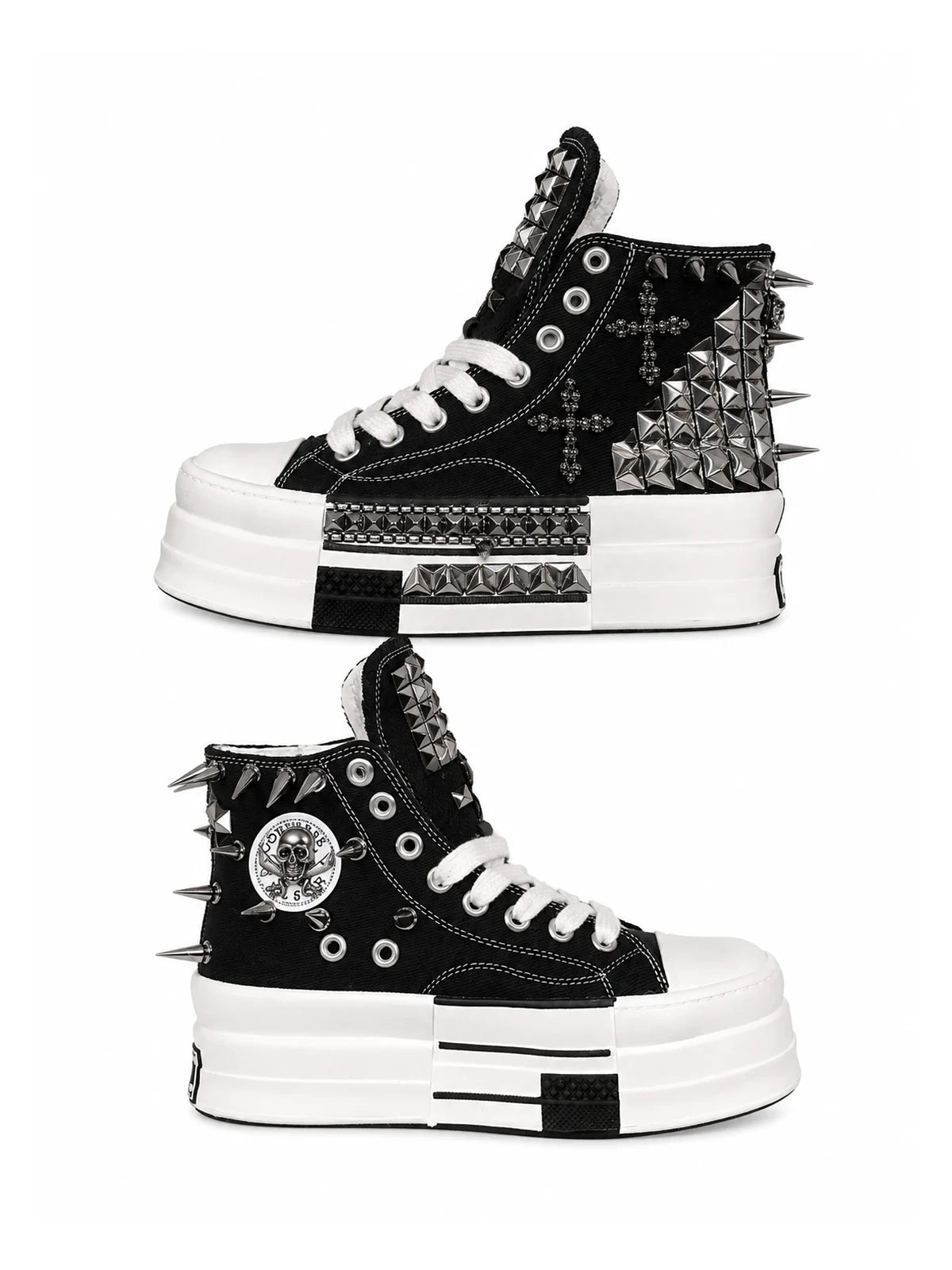 Black and white studded platform high-top sneakers, profile views
