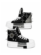 Black and white studded platform high-top sneakers, side views