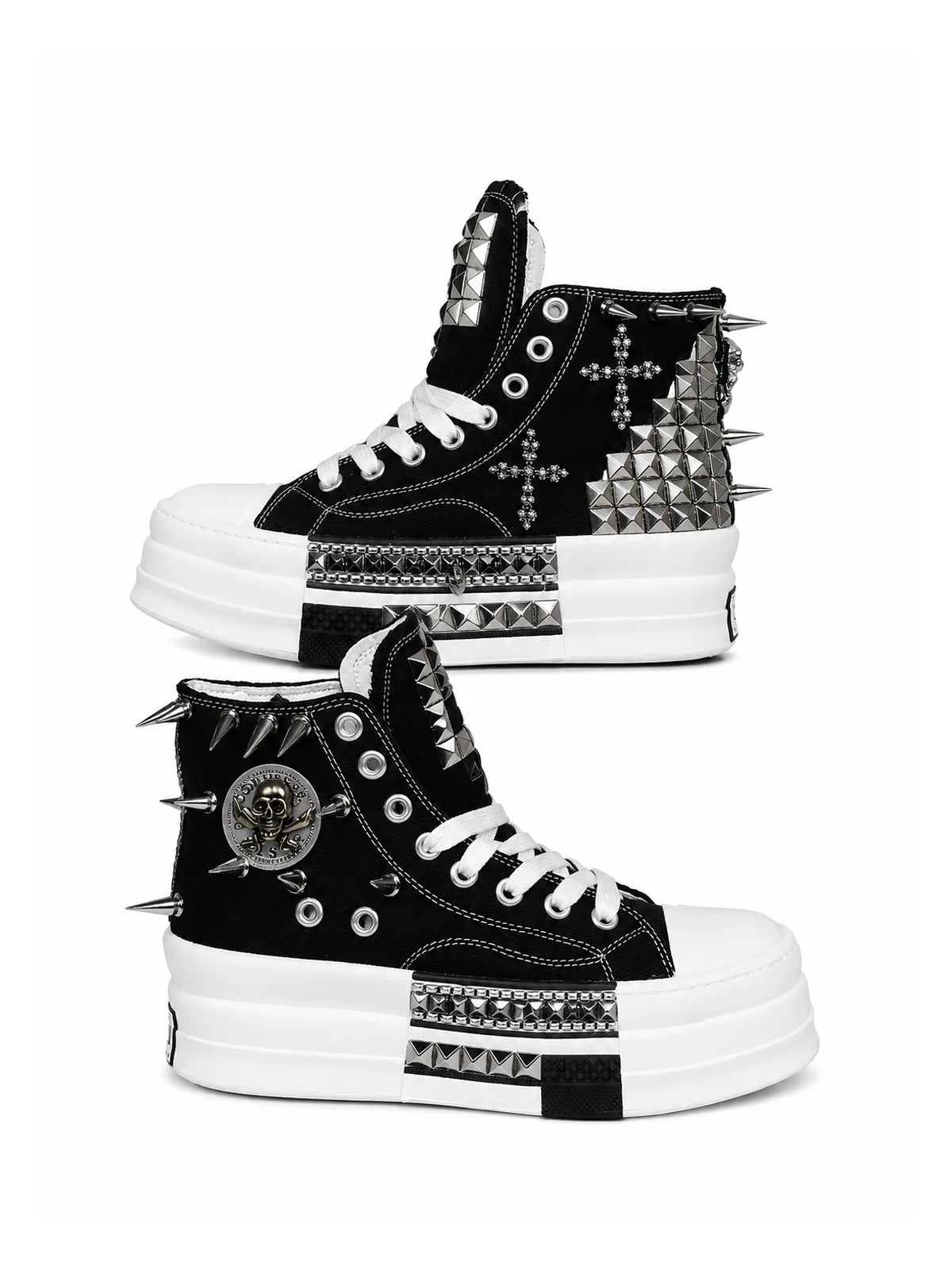 Black and white studded platform high-top sneakers, side views