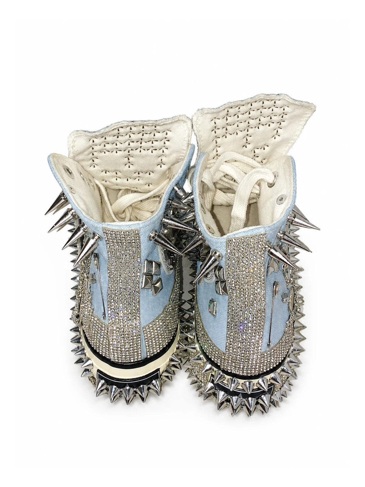 Baby-blue studded high-top sneakers with rhinestone heel panels, back view