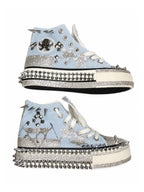 Baby-blue studded high-top sneakers with crystal trim, profile views