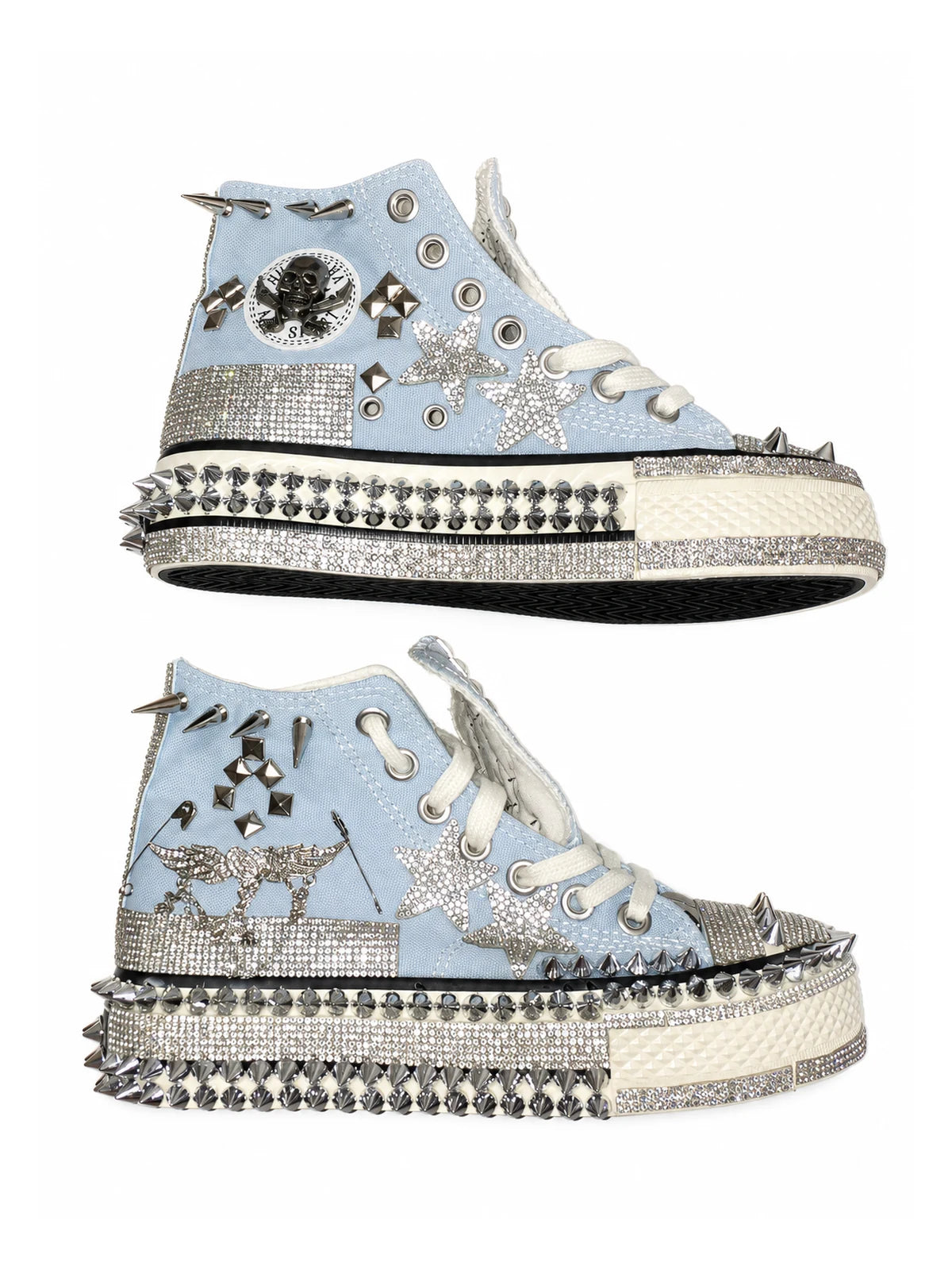 Baby-blue studded high-top sneakers with crystal trim, profile views