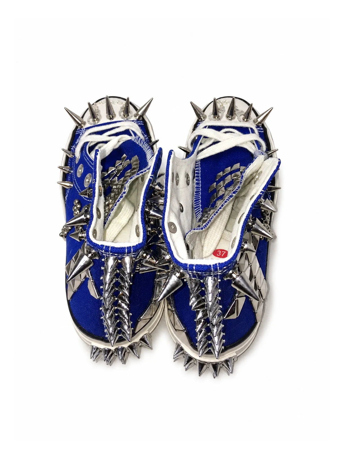 Klein-blue studded high-top sneakers with heel spikes, back top view