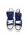 Klein-blue studded high-top sneakers with chains and spikes, top view