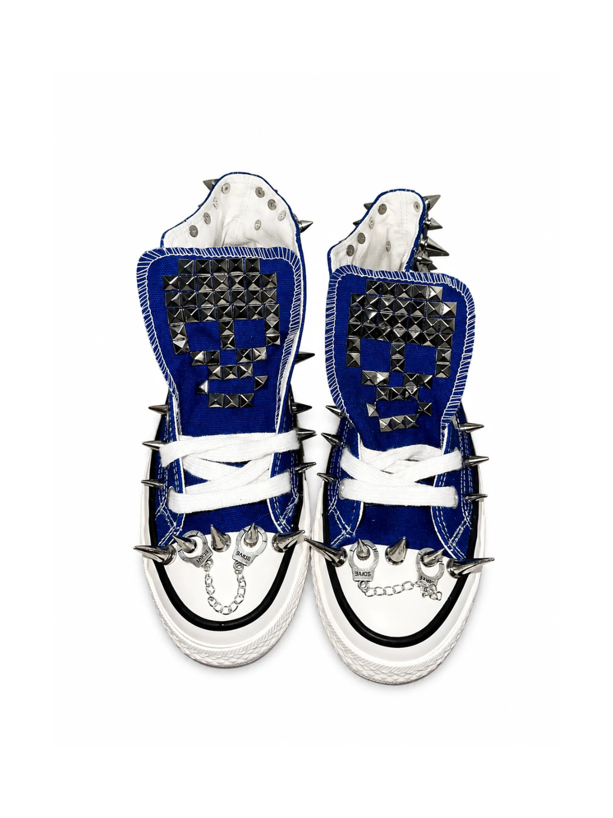Klein-blue studded high-top sneakers with chains and spikes, top view