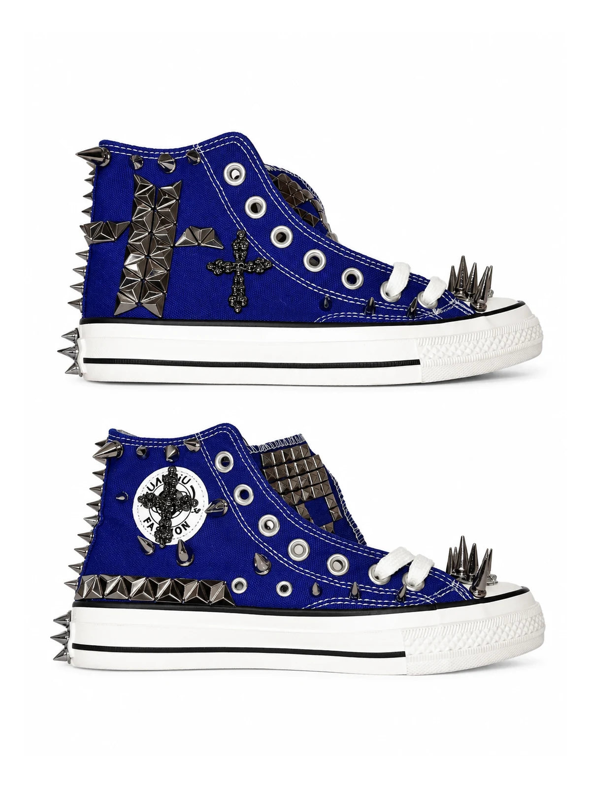 Klein-blue studded high-top sneakers with cross motifs, side views