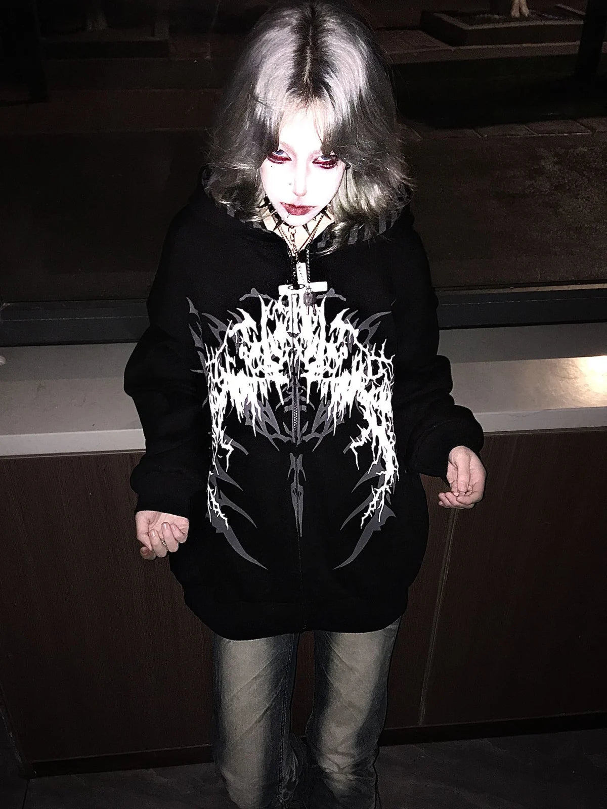 Black Boundary Sigil Zip Hoodie styled look 01