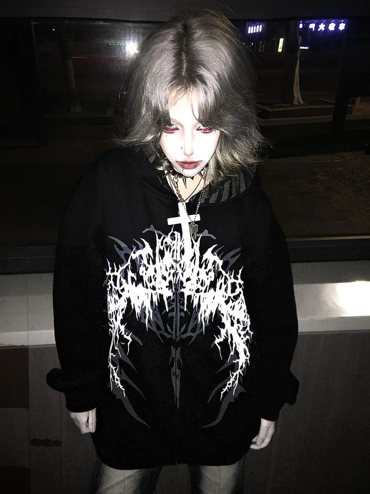 Black Boundary Sigil Zip Hoodie styled look 02