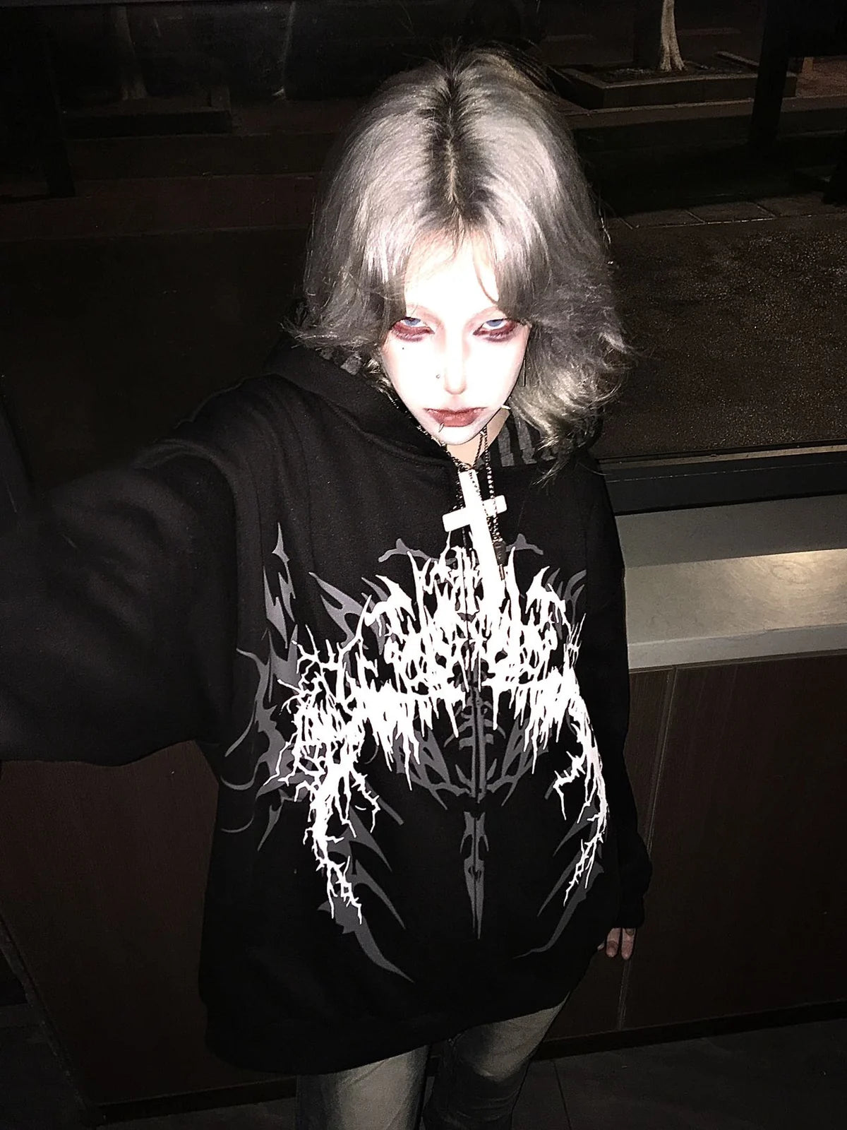 Black Boundary Sigil Zip Hoodie styled look 03