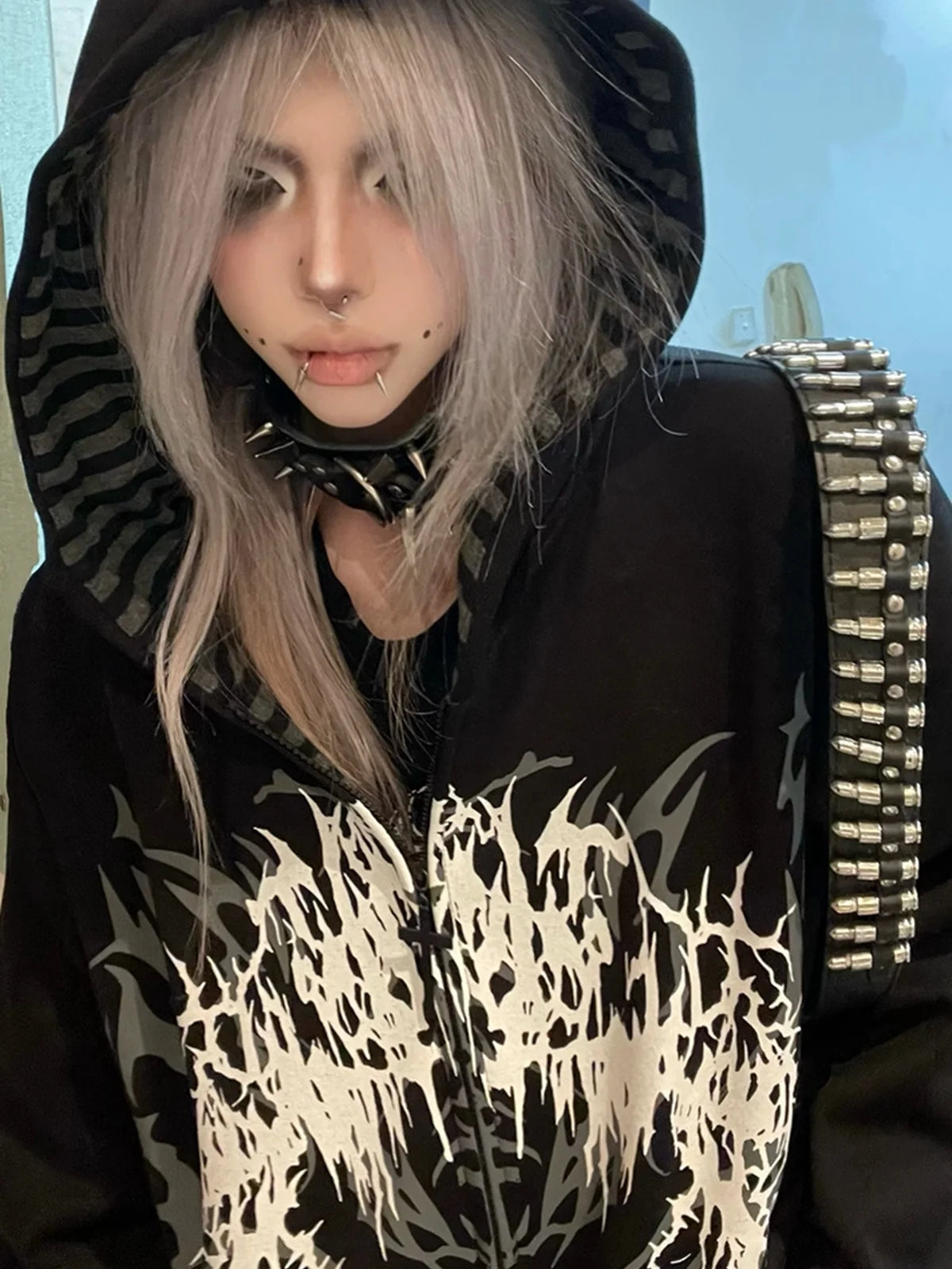 Black Boundary Sigil Zip Hoodie styled look 08