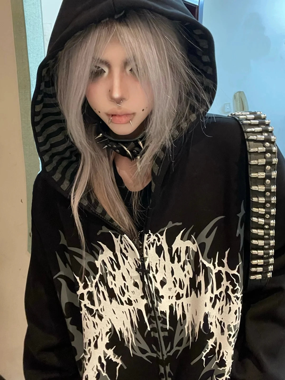 Black Boundary Sigil Zip Hoodie styled look 09