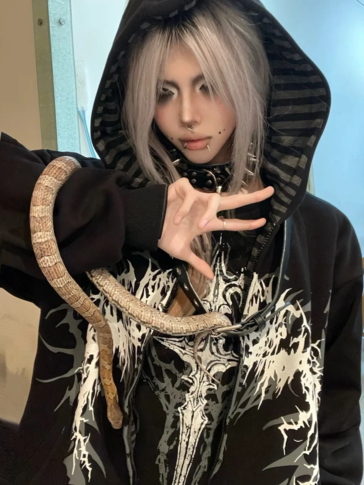 Black Boundary Sigil Zip Hoodie styled look 11