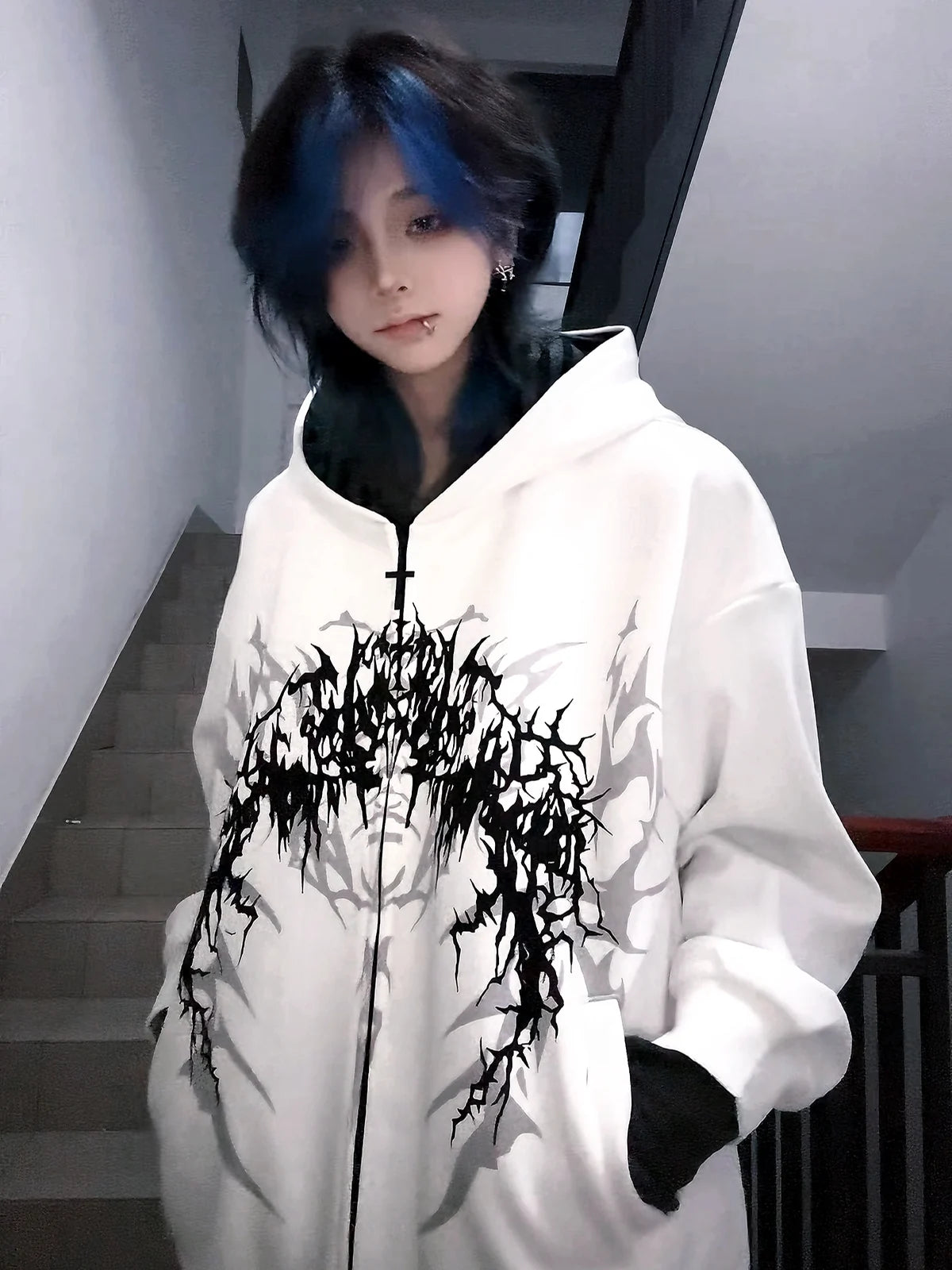 White Boundary Sigil Zip Hoodie styled look 01