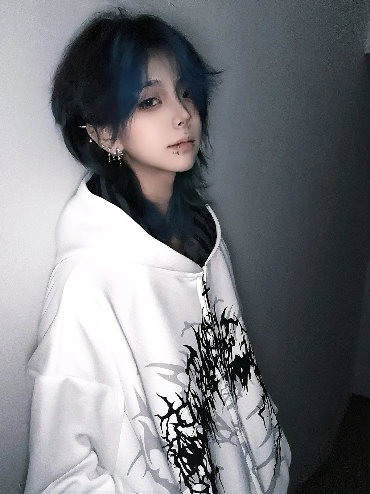 White Boundary Sigil Zip Hoodie styled look 03