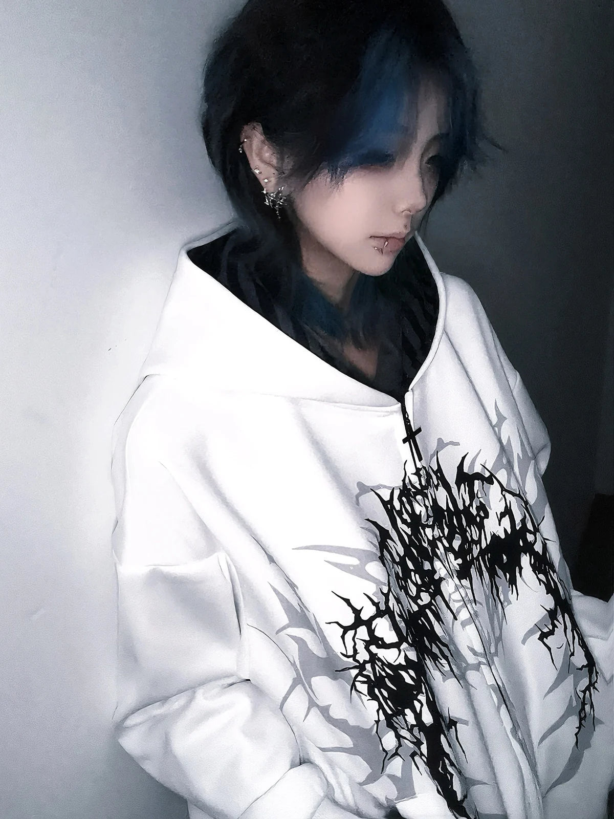 White Boundary Sigil Zip Hoodie styled look 04