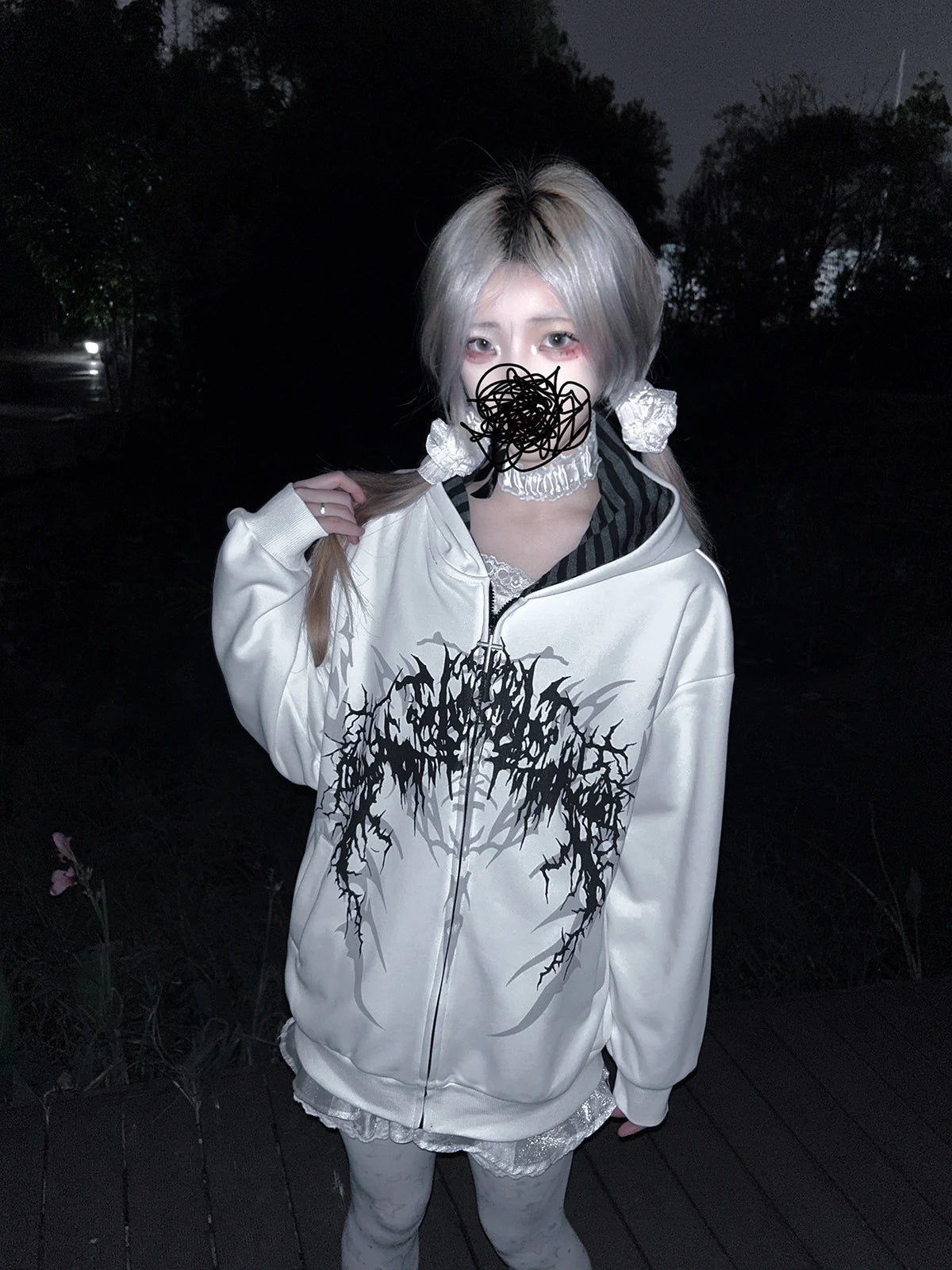 White Boundary Sigil Zip Hoodie styled look 05